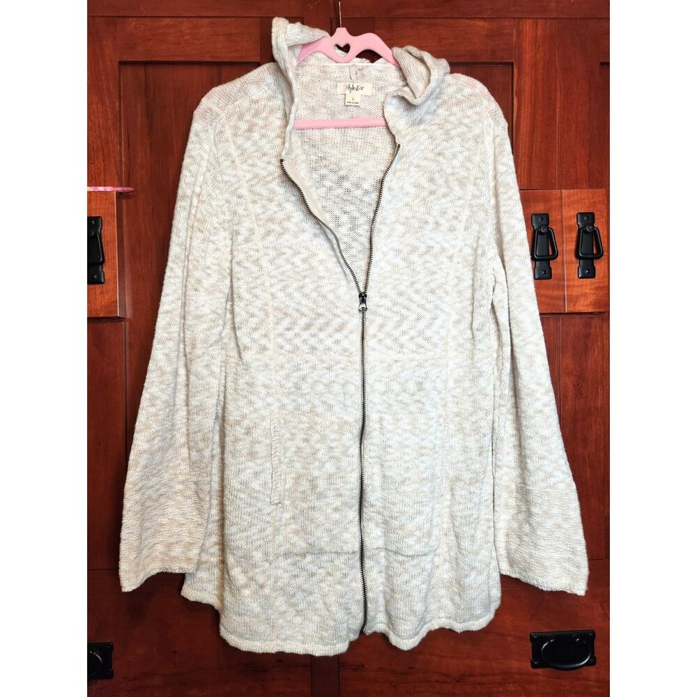 Stye & Co Cream Knit Zip-Up Hooded Cardigan Sweater Full Zip Jacket Size Large